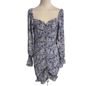 STORY ON Blue Floral Ruched Smocked‎ Long Sleeve Dress M Vacation Party Stretchy